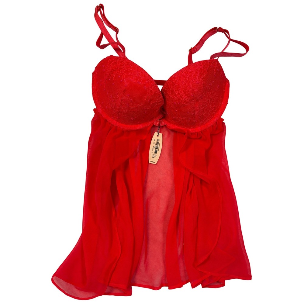 Victorias Secret Red Lace Push Up Babydoll Slip Dress 34C 321316-2FD